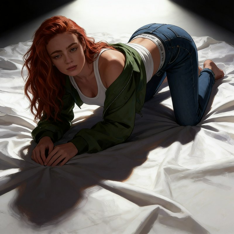Red haired woman posed on all fours on crumpled white bedding under a dramatic overhead spotlight