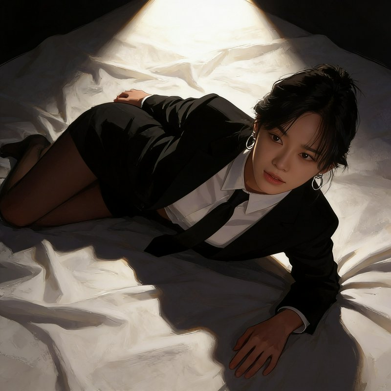 Young East Asian woman in formal business attire reclines on sunlit rumpled white bed sheets gazing up at the viewer