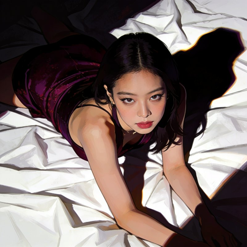 Stylized digital portrait of a young East Asian woman reclining on rumpled white bed sheets in a dark slip dress