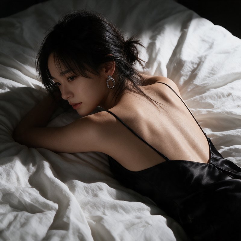 Elegant woman in a black silk slip reclines on rumpled white bed linens, glancing over her shoulder in soft dramatic light
