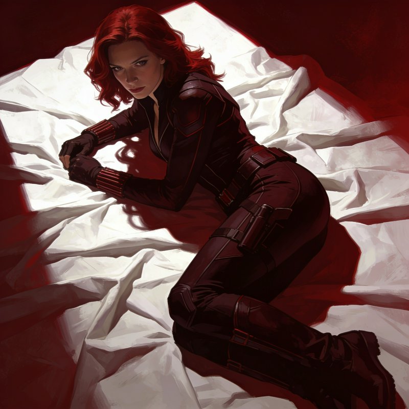 Black Widow in a tactical bodysuit reclines on crumpled white fabric against a deep red backdrop