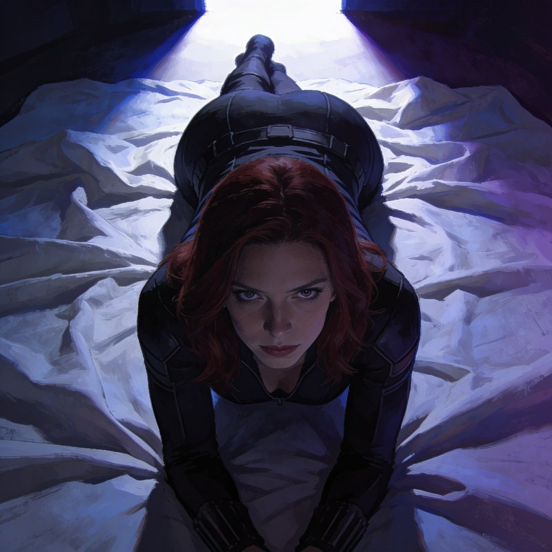 Black Widow crawls toward the viewer across crumpled white sheeting under a dramatic overhead spotlight