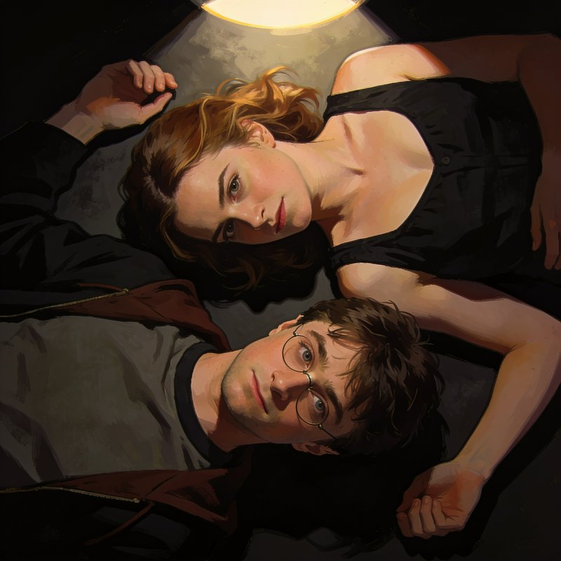 Harry Potter and Hermione Granger lie side by side looking up under a warm overhead lamp