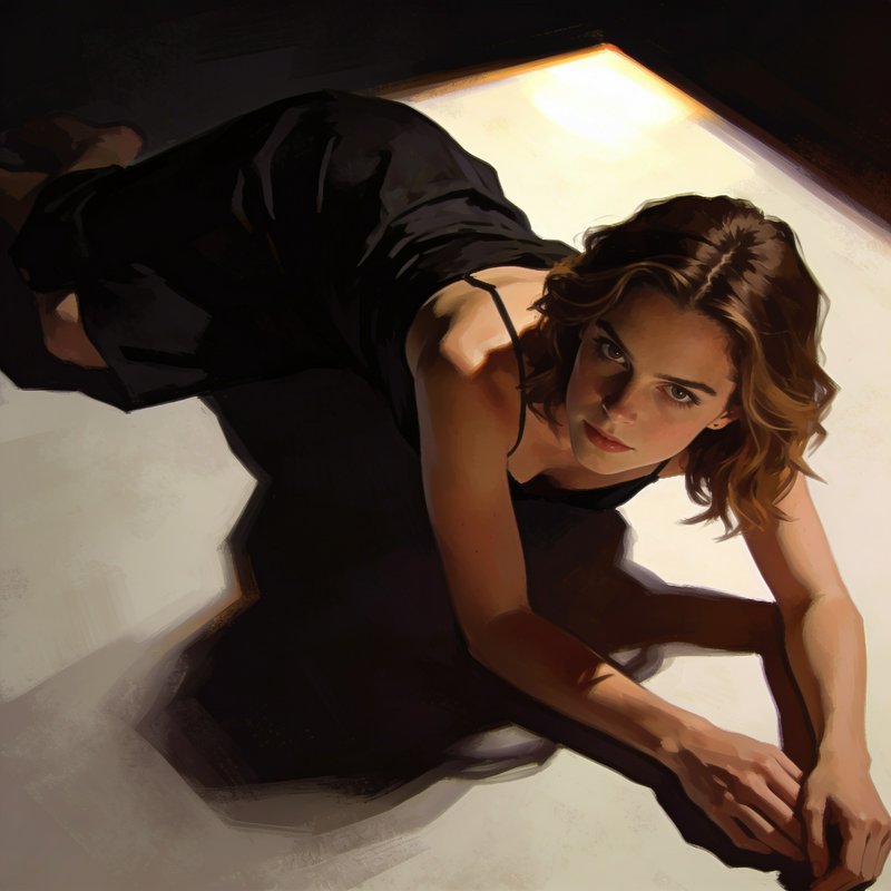 Painted portrait of Emma Watson looking up toward the viewer from a lit floor panel
