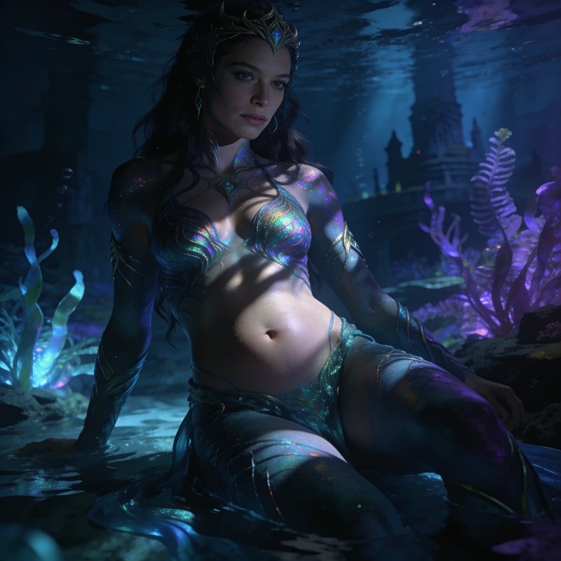 Regal atlantean queen rests on an underwater seabed surrounded by glowing coral and sunken ancient ruins