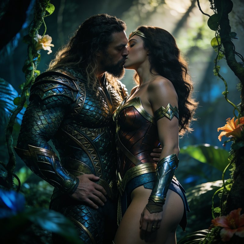 Aquaman and Wonder Woman share a tender romantic kiss standing in a lush sunlit jungle