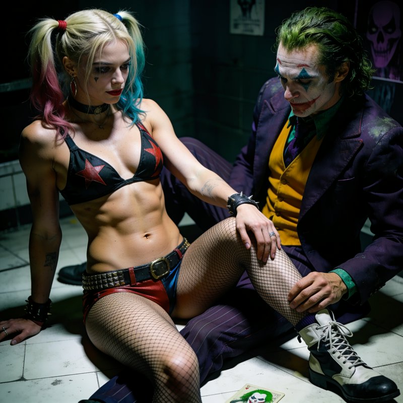 Harley Quinn and the Joker sit closely together on a tiled asylum floor, a joker playing card at their feet.