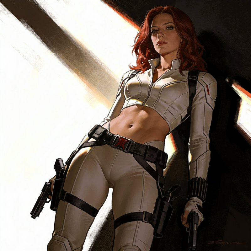 Black Widow in a white tactical suit holds dual handguns against dramatic backlit lighting