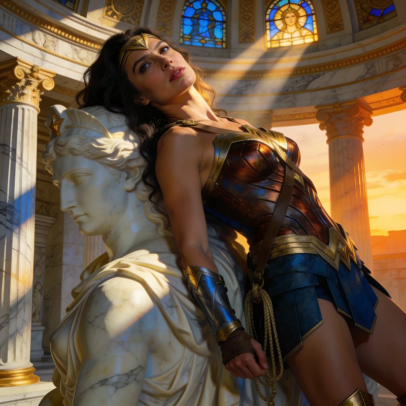 Wonder Woman leans against a marble Athena statue inside a sunlit classical temple at golden sunset