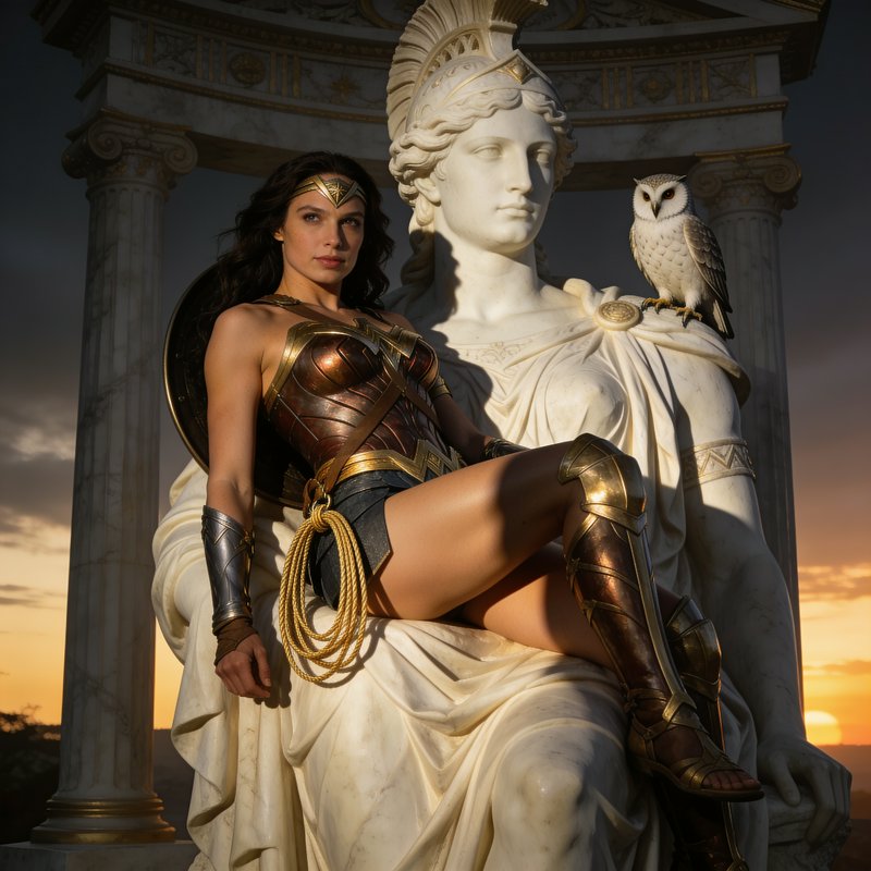 Wonder Woman sits atop a marble Athena statue with a perched owl, against a golden sunset temple backdrop