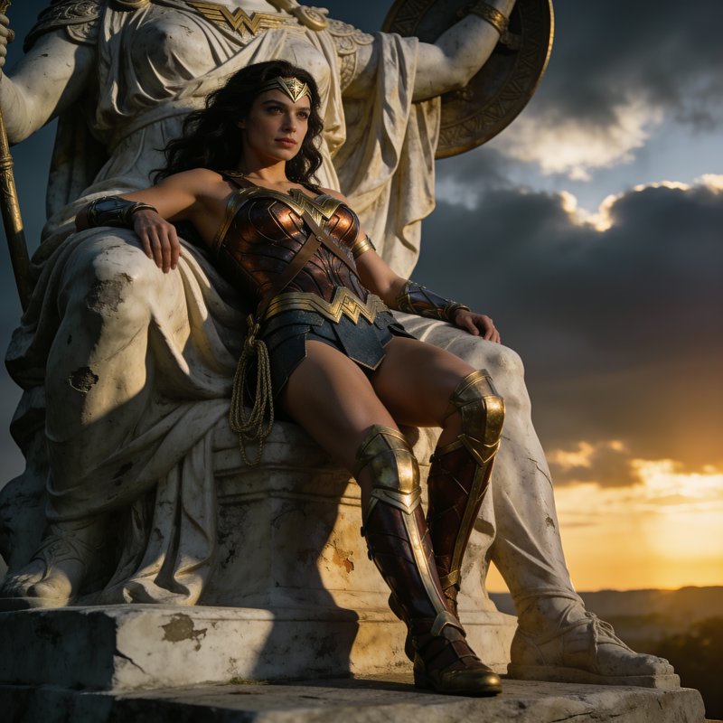 Wonder Woman rests against a grand weathered Amazon statue beneath a dramatic sunset sky