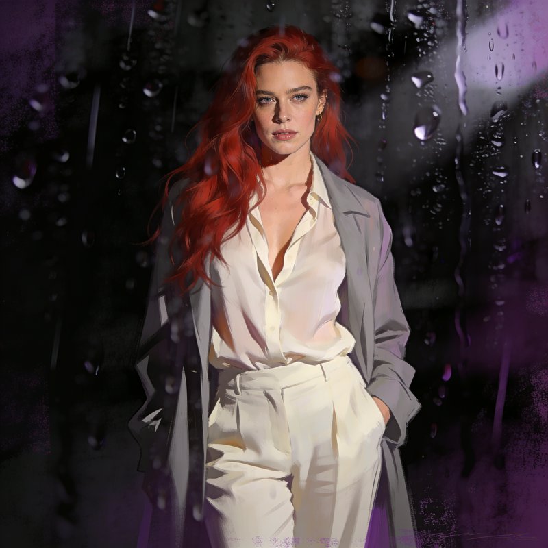 Elegant red-haired woman standing behind rain-streaked glass in moody purple lit surroundings