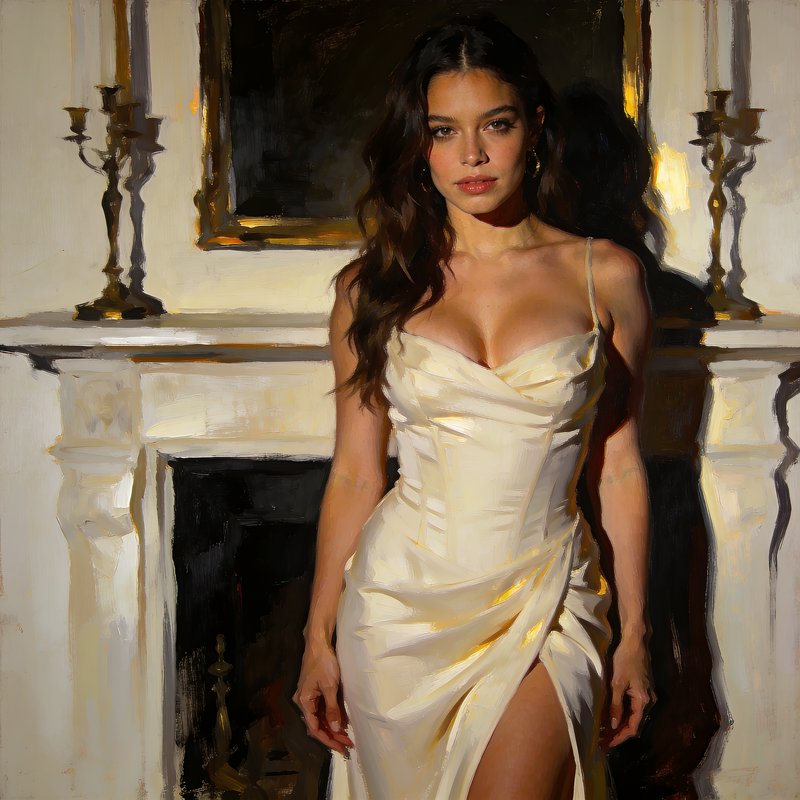 Elegant woman in cream satin evening dress standing before a marble fireplace in warm golden light