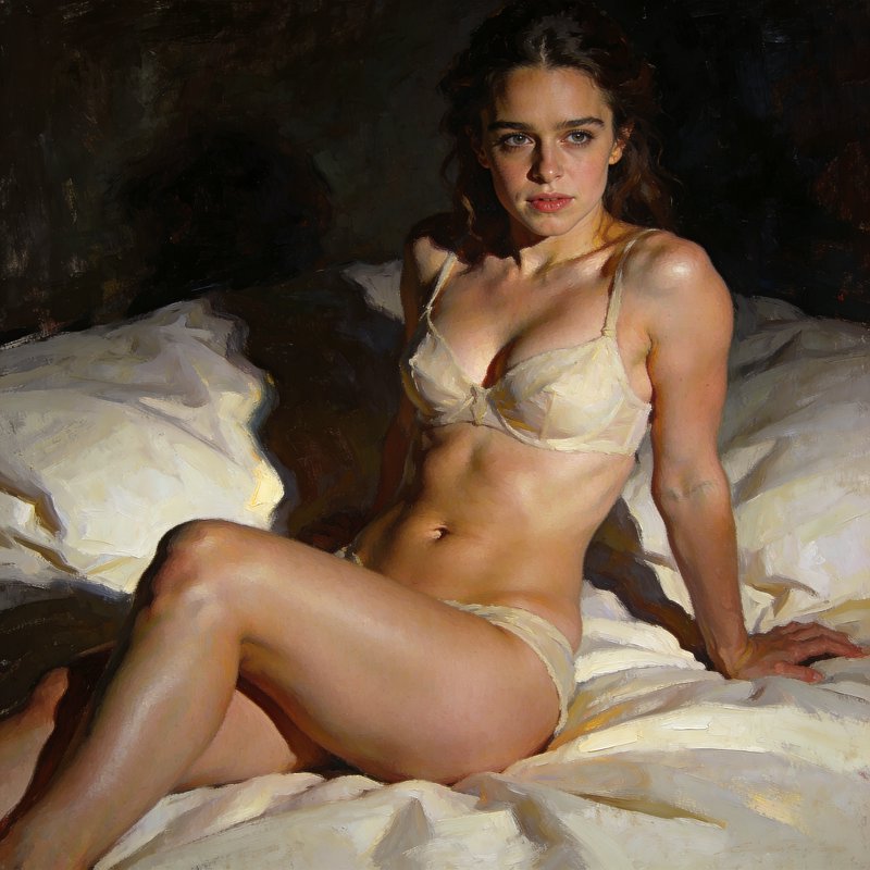 Realist oil portrait of a woman in pale cream lingerie seated on a bed against a dark shadowed background