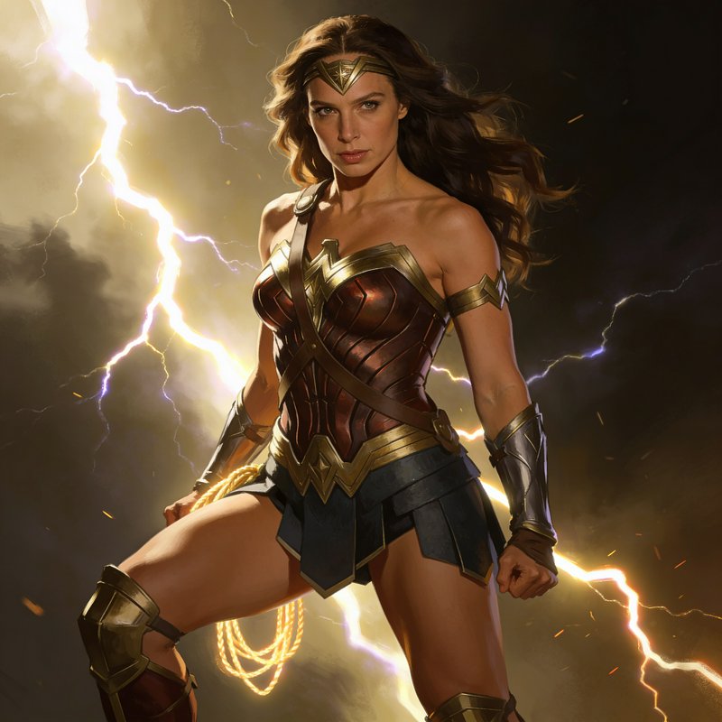Wonder Woman stands resolute holding her golden lasso as bright lightning crackles behind her against a stormy sky