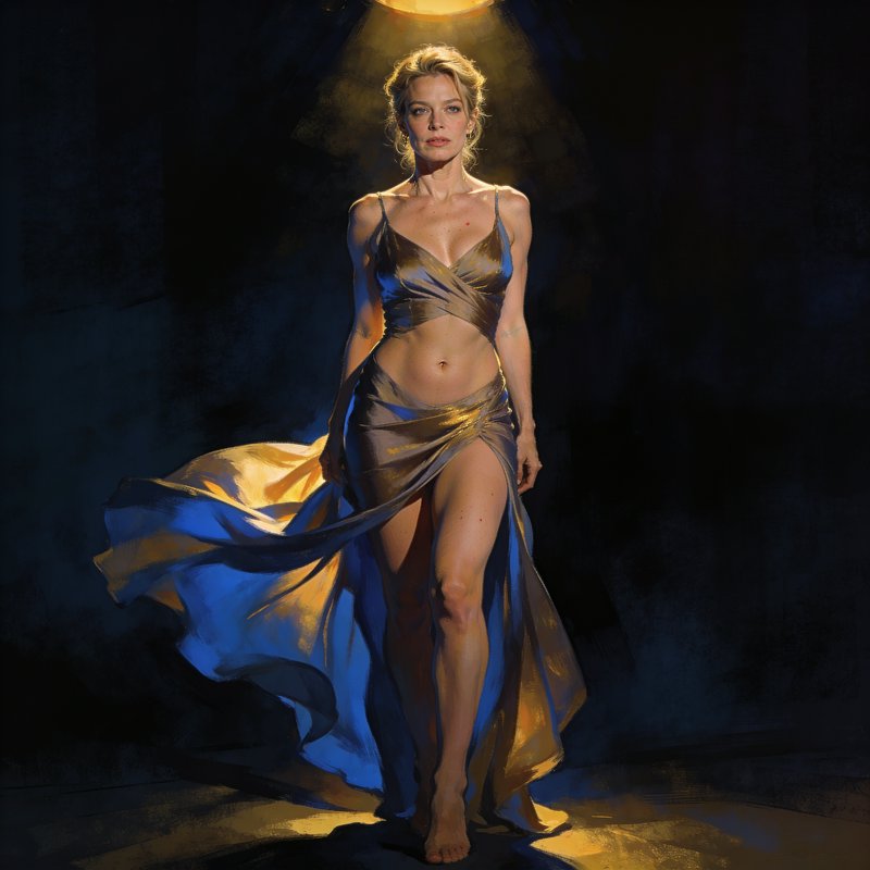 Poised blonde woman in a flowing metallic gown walks toward the viewer under a warm overhead stage spotlight