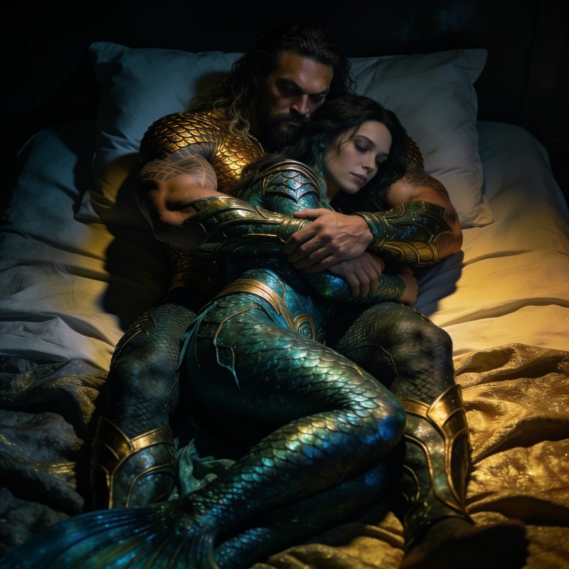 Aquaman tenderly embraces sleeping armored Queen Mera as they rest curled together in a dim bed