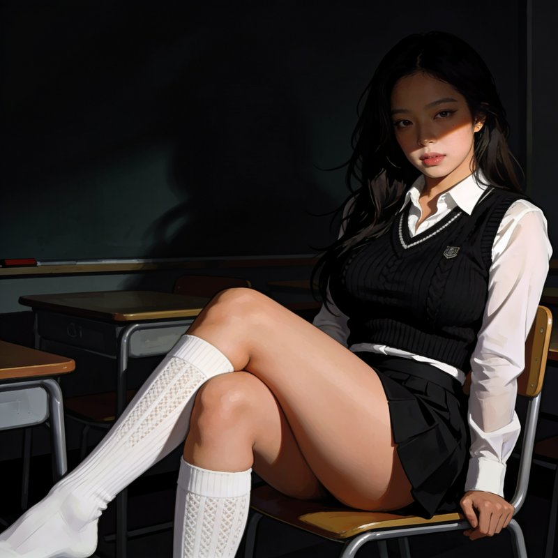 Young woman in school uniform sits on a classroom chair in dramatic side lighting