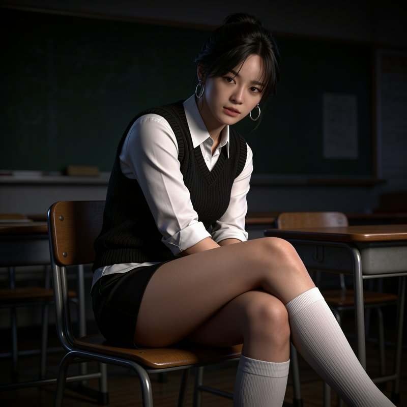Young woman in school attire sits on a classroom chair looking toward the camera in a dim empty c...