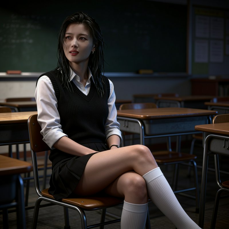 Pensive young woman in school uniform sits alone in a dim empty classroom