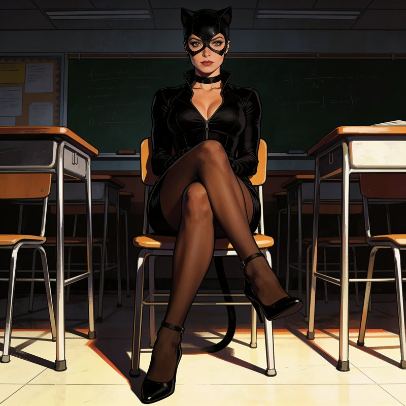 Catwoman sits legs crossed on a school chair at the front of an empty sunlit classroom