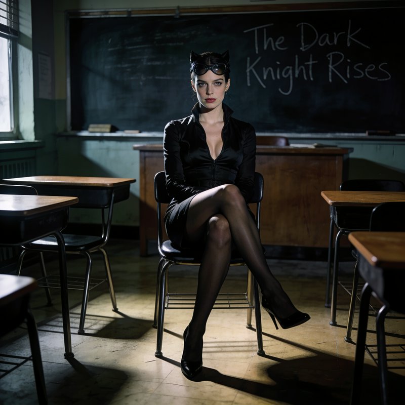 Catwoman sits poised on a student chair in an empty classroom beneath a chalkboard with The Dark Knight Rises text