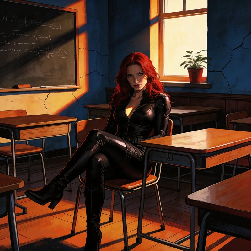 Red haired Black Widow in a black tactical suit sits confidently at a desk in a sunlit vintage classroom