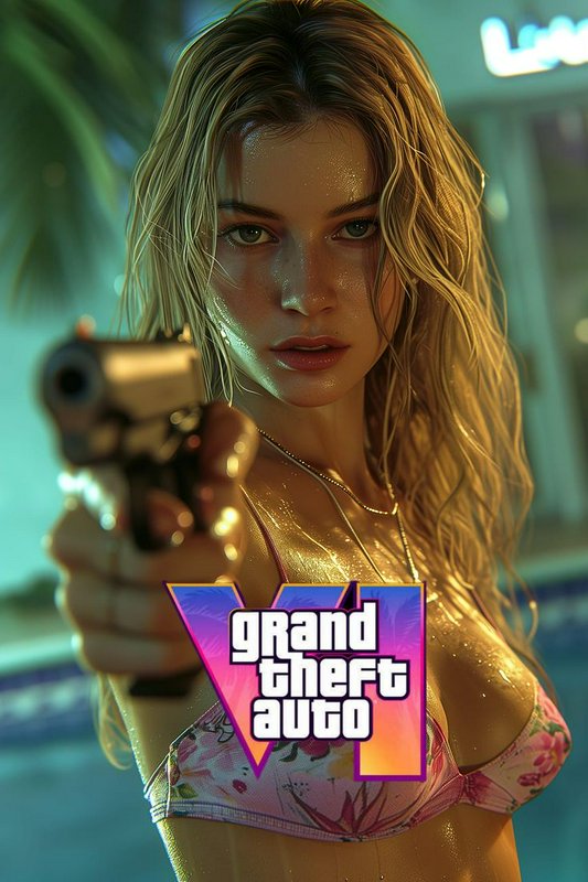 GTA VI fan art of a wet blonde woman in a floral bikini pointing a handgun toward the camera pool...