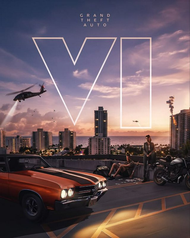 Grand Theft Auto VI promotional key art of heist crew on a coastal city rooftop at sunset