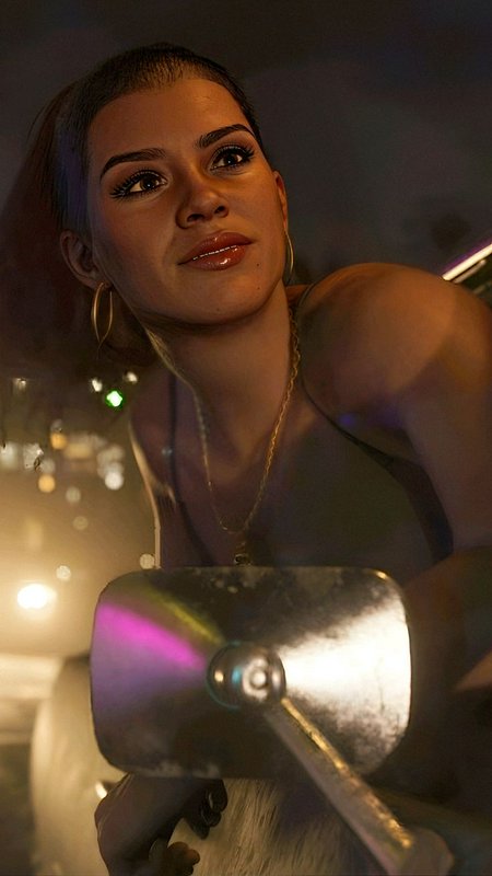 GTA 6 protagonist Lucia leaning on a motorcycle under warm neon night lighting