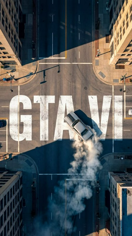 Top down aerial view of a sedan drifting across a city intersection marked with GTA VI road lette...