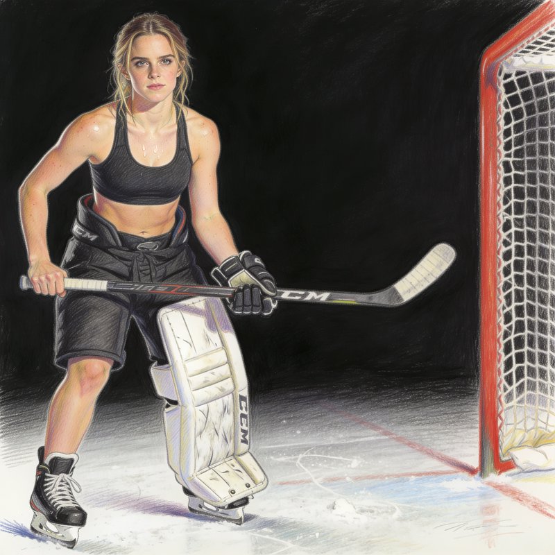Female ice hockey goaltender stands guard by the goal holding a stick on an ice rink