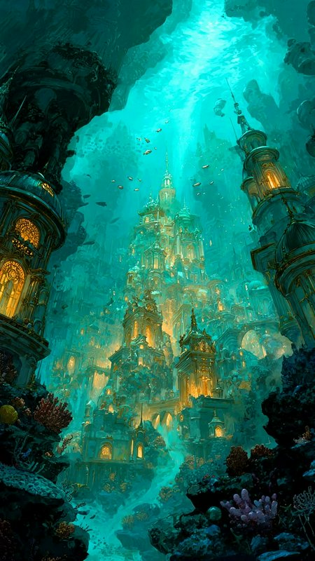 Ornate glowing underwater fantasy palace sits in a sunlit turquoise ocean cave surrounded by cora...