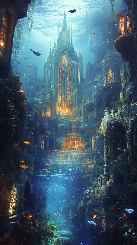 Glowing sunken gothic underwater city with a grand spired cathedral and swimming fish under sunli...