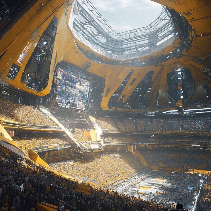 Massive futuristic yellow sports arena packed with fans, open roof and hanging jumbotron during a...