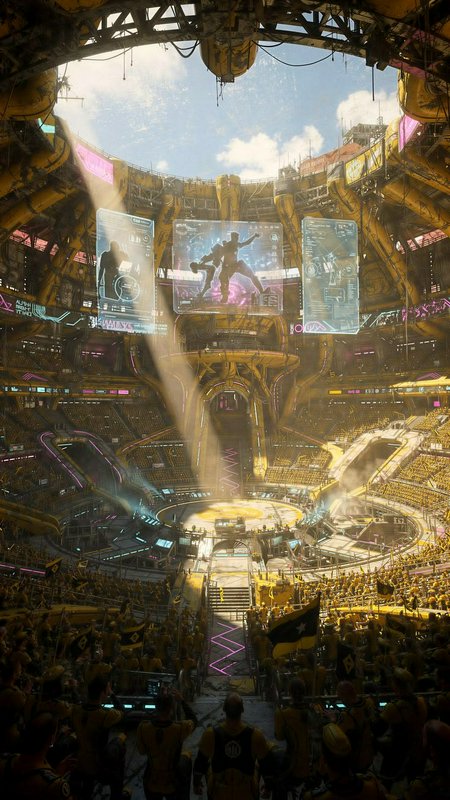 Futuristic cyberpunk combat arena with floating holographic screens, packed crowd, and sunbeams f...