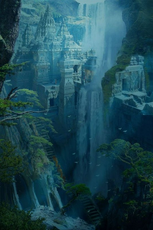 Ornate ancient stone temple complex nestled in a misty waterfall-filled mountain gorge with lush ...
