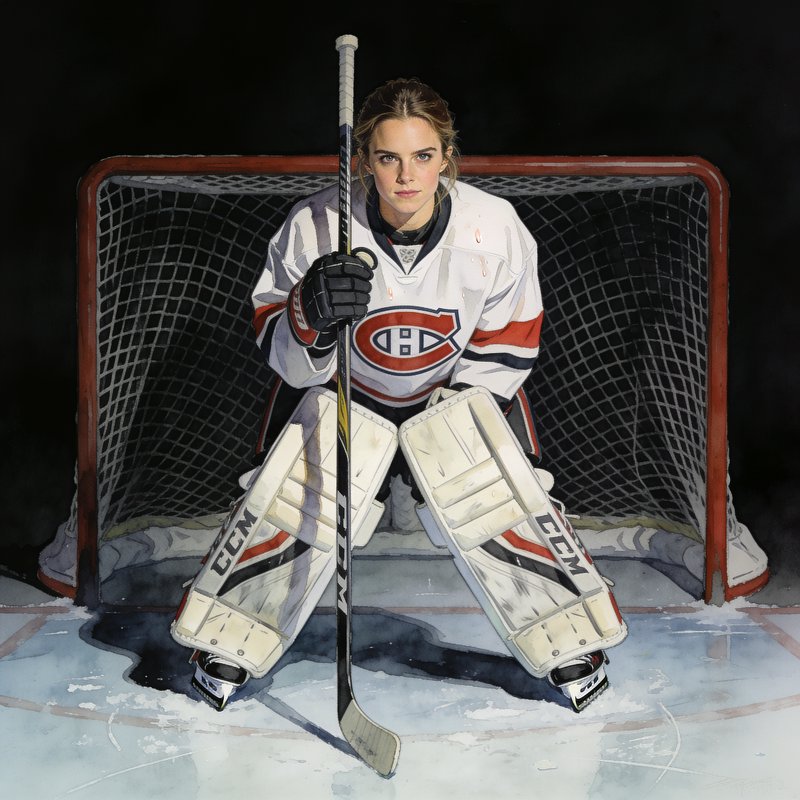 Female ice hockey goaltender in team gear kneels in front of a net holding a hockey stick.