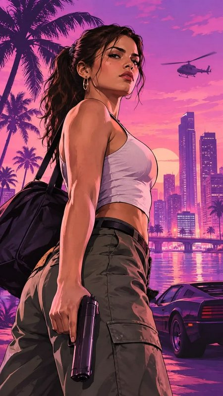 Armed woman holding a pistol stands against a glowing retro Miami waterfront sunset skyline