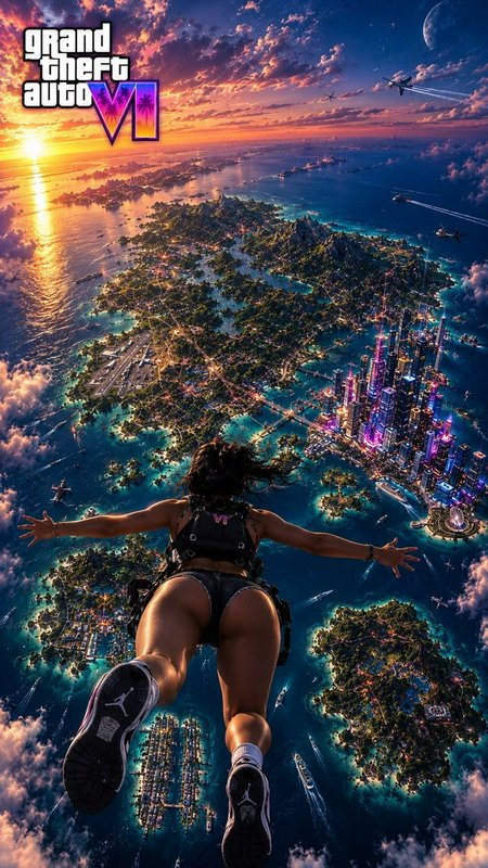 Female GTA VI protagonist skydiving over a neon lit tropical Vice City archipelago at sunset