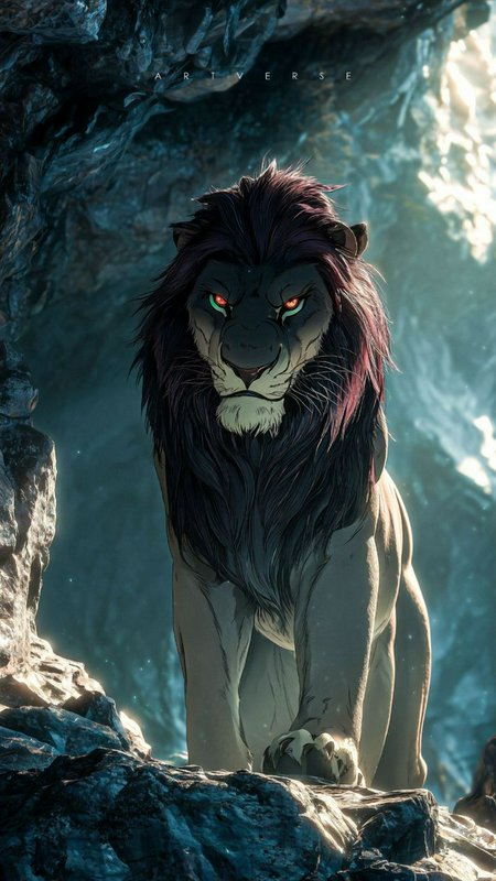 Menacing Scar from The Lion King stands on a rocky cave ledge with glowing mismatched eyes
