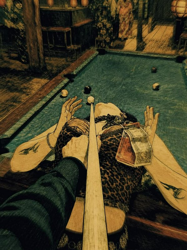 First person perspective aiming a pool cue over a woman lying across a billiards table in a vinta...