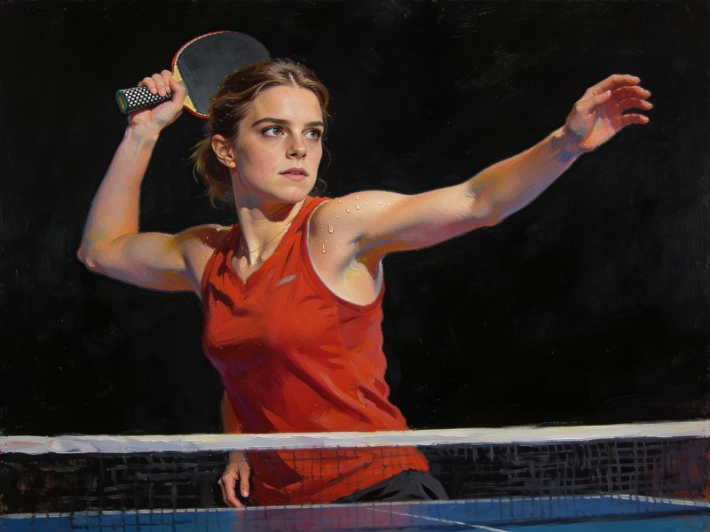 Focused female table tennis player poised mid-swing holding a paddle above the ping pong net