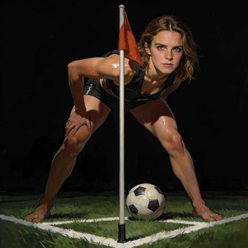 Sweat-glistening female athlete leans beside a soccer corner flag and match ball on green pitch