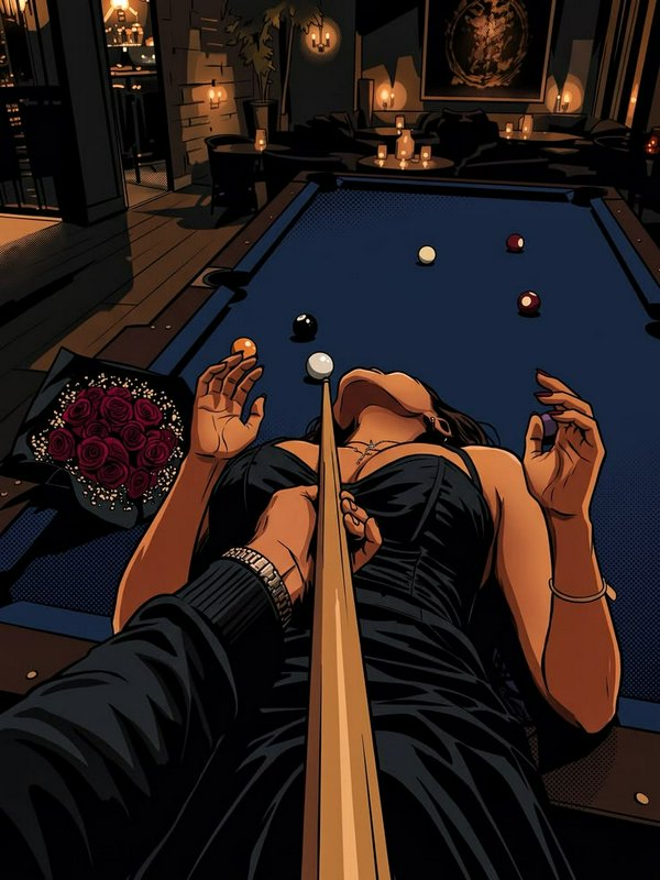 Stylized comic illustration of a woman lying on a blue pool table in a dim candlelit lounge