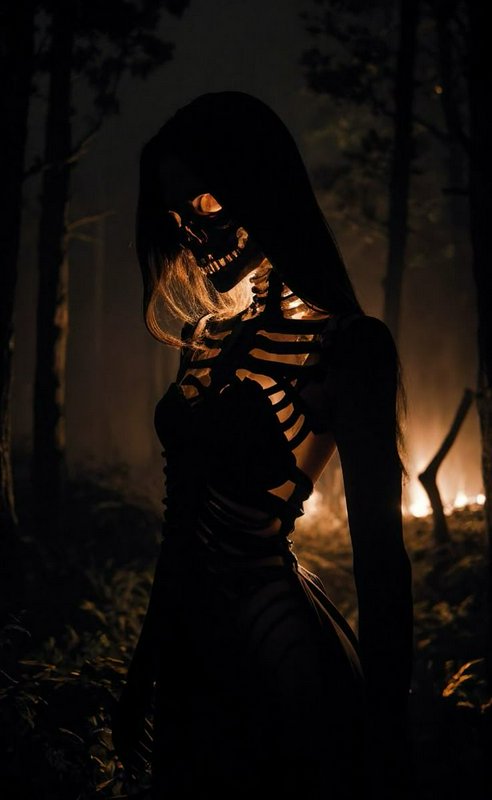 Eerie glowing feminine skeleton creature stands in a dark foggy forest lit by warm background fire