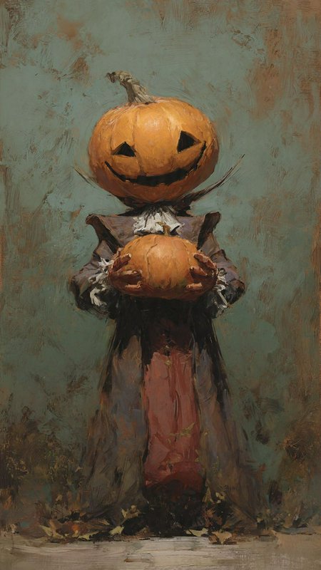 Painterly illustration of a jack-o'-lantern headed figure holding a small pumpkin