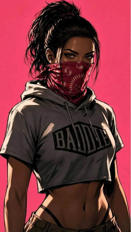 Confident illustrated woman in a cropped hoodie and red paisley bandana against bright pink backg...