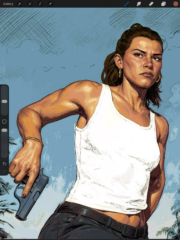 Muscular action woman holding a pistol, rendered in comic art style against a tropical sky