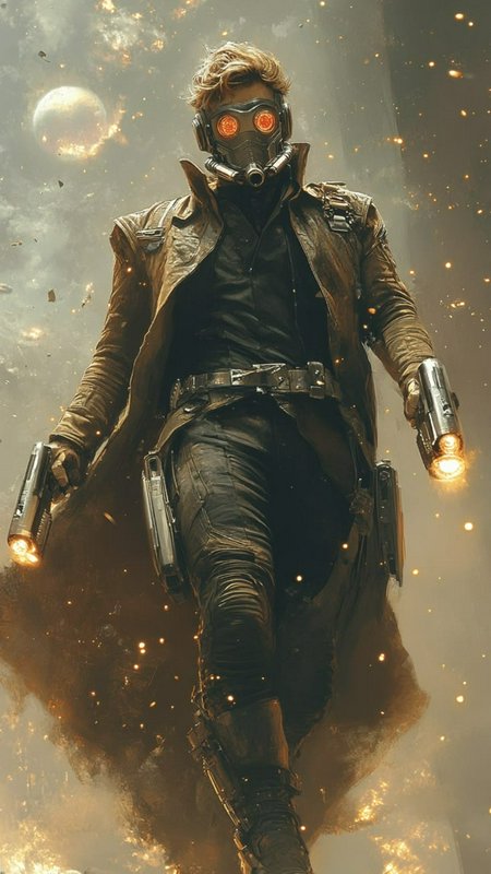 Star-Lord advances holding glowing blasters, wearing his signature mask and leather coat against ...